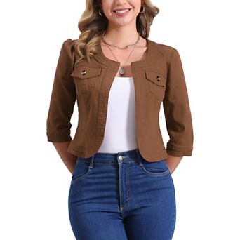 Women's Jean Jacket Collarless 3/4 Sleeve Denim Jackets