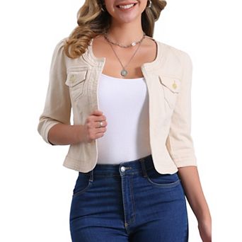 Women's Jean Jacket Collarless 3/4 Sleeve Denim Jackets