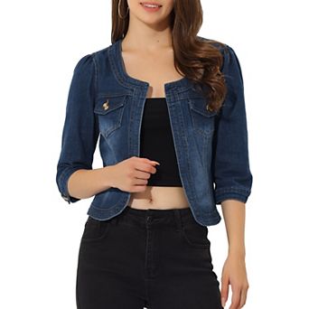 Women's Jean Jacket Collarless 3/4 Sleeve Denim Jackets