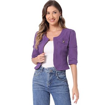 Women's Jean Jacket Collarless 3/4 Sleeve Denim Jackets