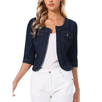 Women's Jean Jacket Collarless 3/4 Sleeve Denim Jackets