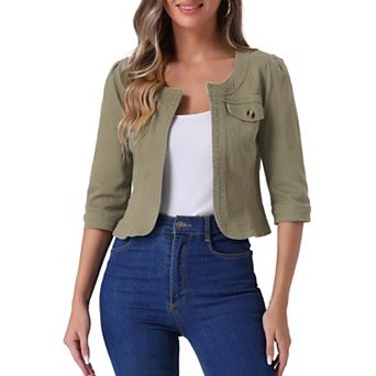 Women's Jean Jacket Collarless 3/4 Sleeve Denim Jackets