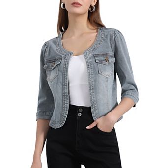 Women's Jean Jacket Collarless 3/4 Sleeve Denim Jackets