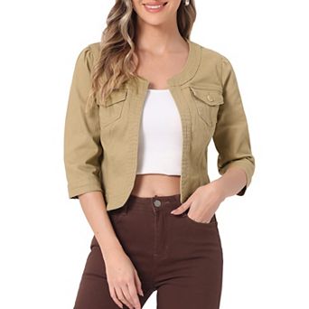 Women's Jean Jacket Collarless 3/4 Sleeve Denim Jackets