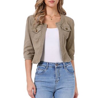 Women's Jean Jacket Collarless 3/4 Sleeve Denim Jackets
