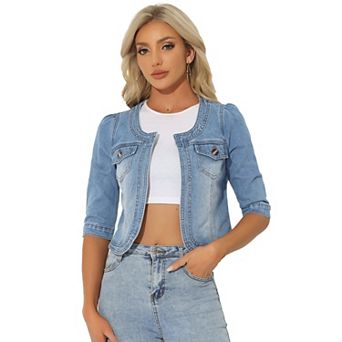 Women's Jean Jacket Collarless 3/4 Sleeve Denim Jackets