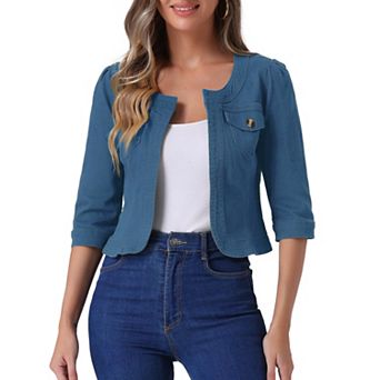 Women's Jean Jacket Collarless 3/4 Sleeve Denim Jackets