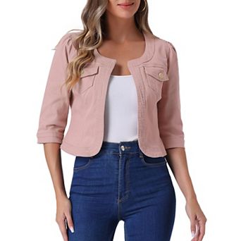 Women's Jean Jacket Collarless 3/4 Sleeve Denim Jackets