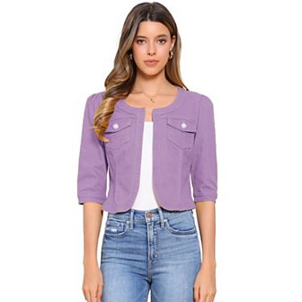 Women's Jean Jacket Collarless 3/4 Sleeve Denim Jackets