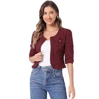 Women's Jean Jacket Collarless 3/4 Sleeve Denim Jackets