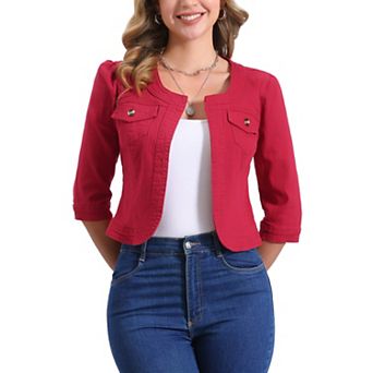 Women's Jean Jacket Collarless 3/4 Sleeve Denim Jackets