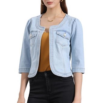 Women's Jean Jacket Collarless 3/4 Sleeve Denim Jackets