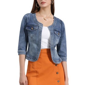 Women's Jean Jacket Collarless 3/4 Sleeve Denim Jackets