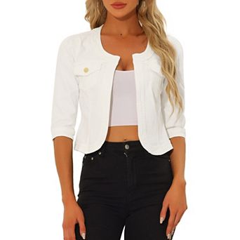 Women's Jean Jacket Collarless 3/4 Sleeve Denim Jackets