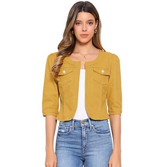 Women's Jean Jacket Collarless 3/4 Sleeve Denim Jackets