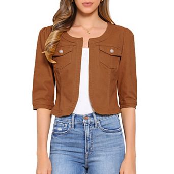 Women's Jean Jacket Collarless 3/4 Sleeve Denim Jackets