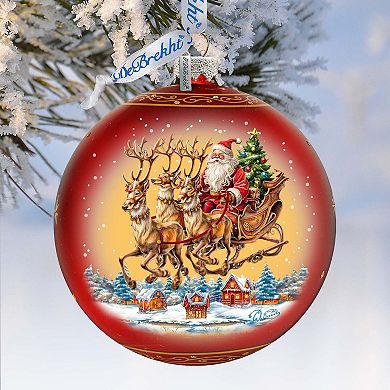 Santa on Sleigh Lg Glass Ornament by G.Debrekht - Christmas Santa Snowman Décor