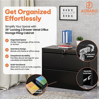 AOBABO 35 Inch Locking 2 Drawer Metal Office Storage Filing Cabinet, Black