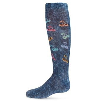 Little Kids Distressed Wash Denim Cherries Girls Knee High Sock