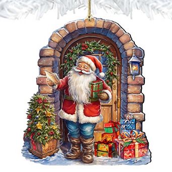Santa's Surprise Visit Holiday Wooden Christmas Ornaments by G. Debrekht - Christmas Santa Snowman Decor