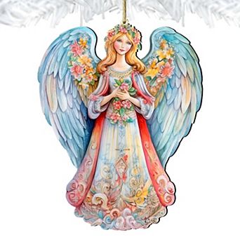 Blue Floral Angel Wooden Holiday Ornaments by G. DeBrekht - Nativity Holiday Decor