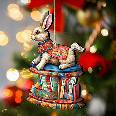 Carousel Bunny with Books Wooden Christmas Ornaments by G. Debrekht - Christmas Decor
