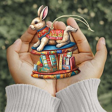 Carousel Bunny with Books Wooden Christmas Ornaments by G. Debrekht - Christmas Decor