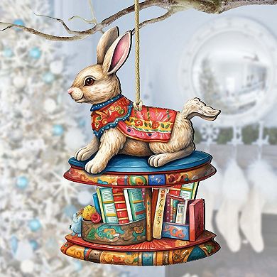 Carousel Bunny with Books Wooden Christmas Ornaments by G. Debrekht - Christmas Decor