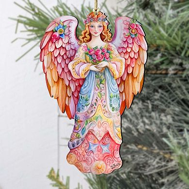 Pink Floral Angel Wooden Holiday Ornaments by G. DeBrekht - Nativity Holiday Decor