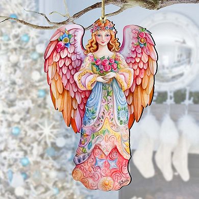 Pink Floral Angel Wooden Holiday Ornaments by G. DeBrekht - Nativity Holiday Decor