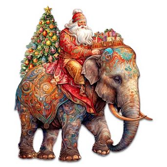 Santa on Elephant Holiday 24-Inch Handcrafted Wooden Door Decor by G. Debrekht - Christmas Decor