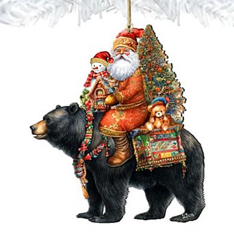 Santa on Black Bear Wooden Christmas Ornaments - Christmas Santa Snowman Decor