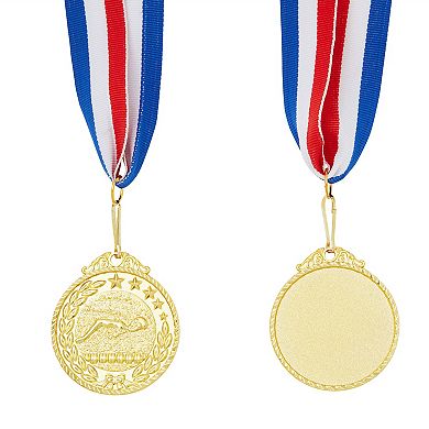 12 Pack Swimming Medals with Ribbons for All Ages, Gold Medals for Awards, 2 Inch Diameter with 15 Inch Ribbon Loop