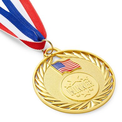 12 Pack Gold 2.75 Inch Real Metal Winner Medals for All Ages with 15 Inch Ribbon, Participation Awards with American Flag for Sports Tournaments and Competitions
