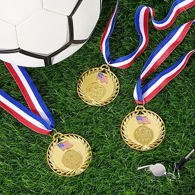 12 Pack Gold 2.75 Inch Real Metal Winner Medals for All Ages with 15 Inch Ribbon, Participation Awards with American Flag for Sports Tournaments and Competitions