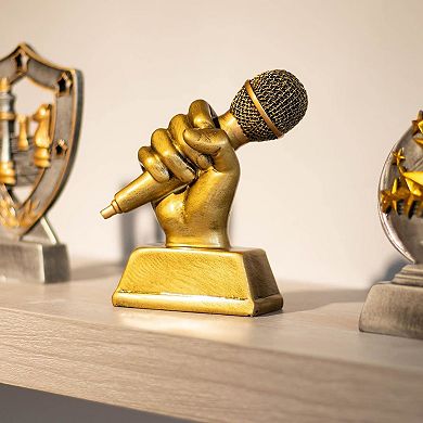 Golden Microphone Trophy, Small Resin Singing Award Trophy for Karaoke, Competitions, Parties (5.5 x 4.75 x 2.25 In)