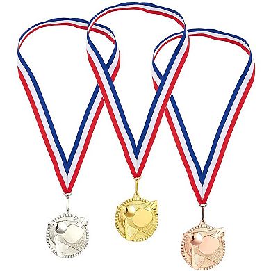 3-Piece Award Medals Set, Table Tennis Gold, Silver, Bronze Medals for Ping Pong Games, Competitions, Party Favors, 2.3 Inches in Diameter with 32-Inch Ribbon