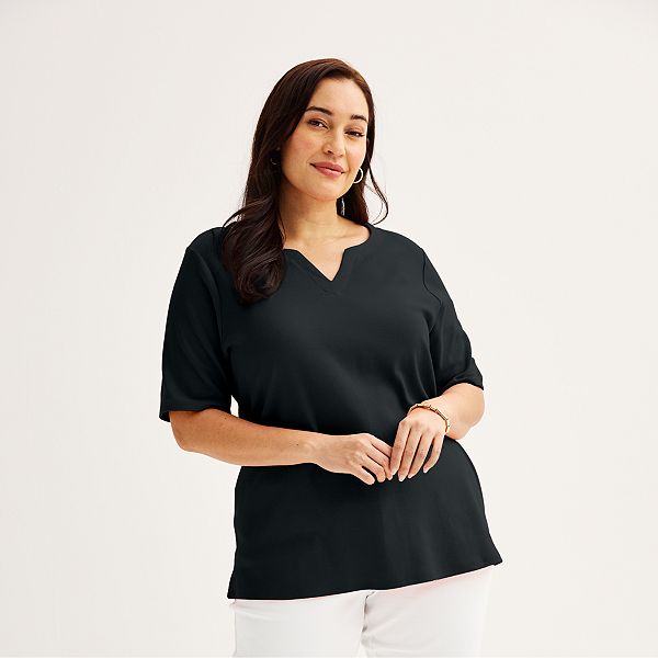 Plus Size Croft & Barrow® Three Quarter Sleeve Splitneck Top