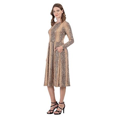 Women's 24Seven Comfort Apparel Animal Print Long Sleeve Midi Dress