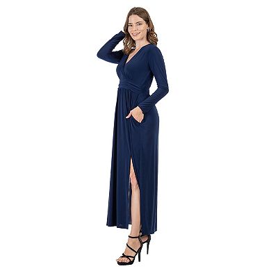 Women's 24Seven Comfort Apparel Long Sleeve V-Neck Side Slit Maxi Dress