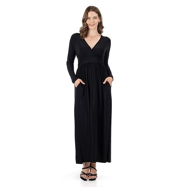 24seven Comfort Apparel Women's Long Sleeve V Neck Side Slit Maxi Dress, Black, 1x