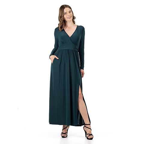 Женские платья 24Seven Women's 24Seven Comfort Apparel Long Sleeve V-Neck Side Slit Maxi Dress