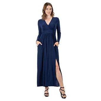 Women's 24Seven Comfort Apparel Long Sleeve V-Neck Side Slit Maxi Dress