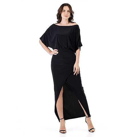 Женские платья 24Seven Women's 24Seven Comfort Apparel Long Sleeve Wide Boatneck Side Slit Maxi Dress