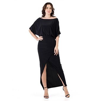 Women's 24Seven Comfort Apparel Long Sleeve Wide Boatneck Side Slit Maxi Dress