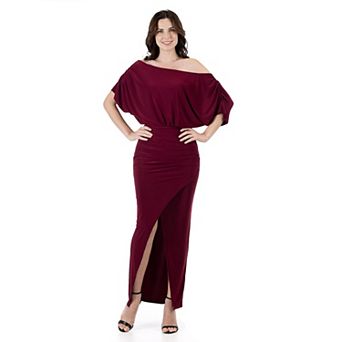 Women's 24Seven Comfort Apparel Long Sleeve Wide Boatneck Side Slit Maxi Dress
