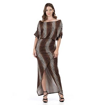 Women's 24Seven Comfort Apparel Long Sleeve Wide Boatneck Side Slit Maxi Dress
