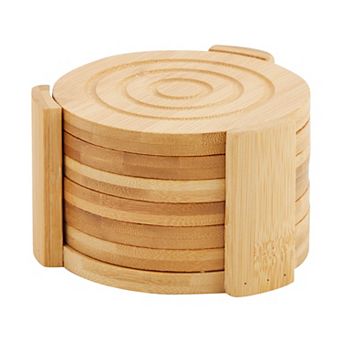 Set of 6 Wood Coasters with Holder for Coffee Table, Hot Drinks, Housewarming Gifts (4.3 Inches)