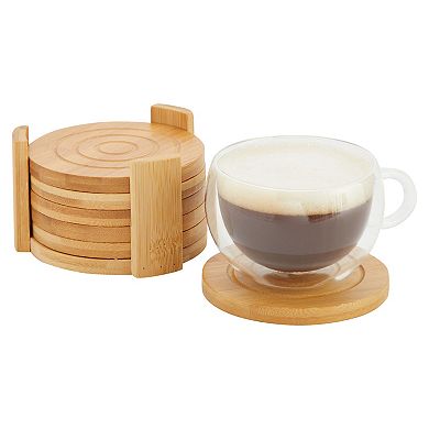 Set of 6 Wood Coasters with Holder for Coffee Table, Hot Drinks, Housewarming Gifts (4.3 Inches)