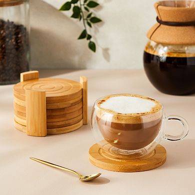 Set of 6 Wood Coasters with Holder for Coffee Table, Hot Drinks, Housewarming Gifts (4.3 Inches)